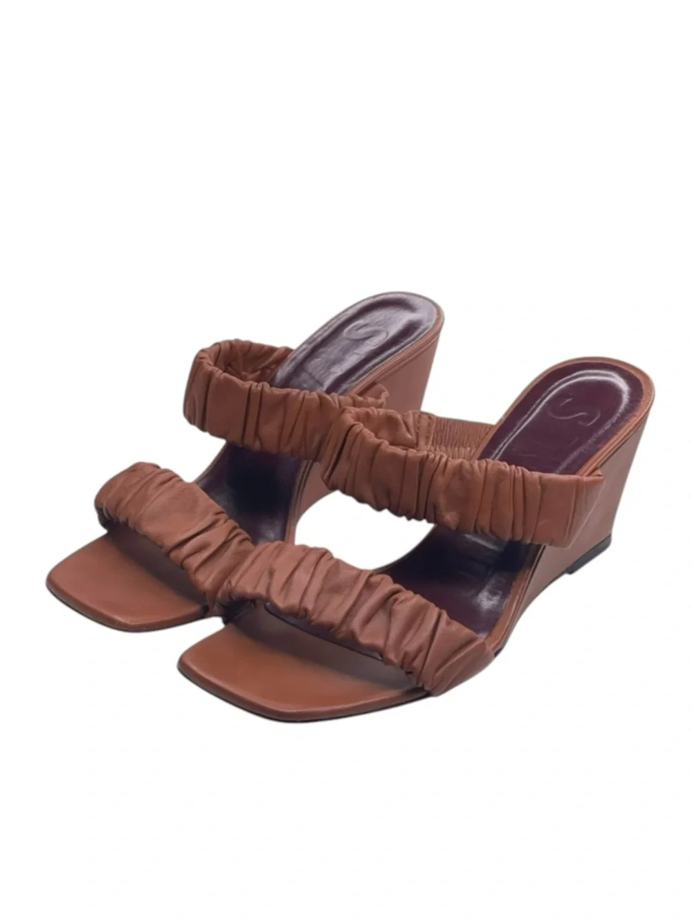 Staud 𒀭 Frankie Ruched 2 Strap Wedge Heel Sandals 𒀭Brown Leather 𒀭36 5.5M 6M